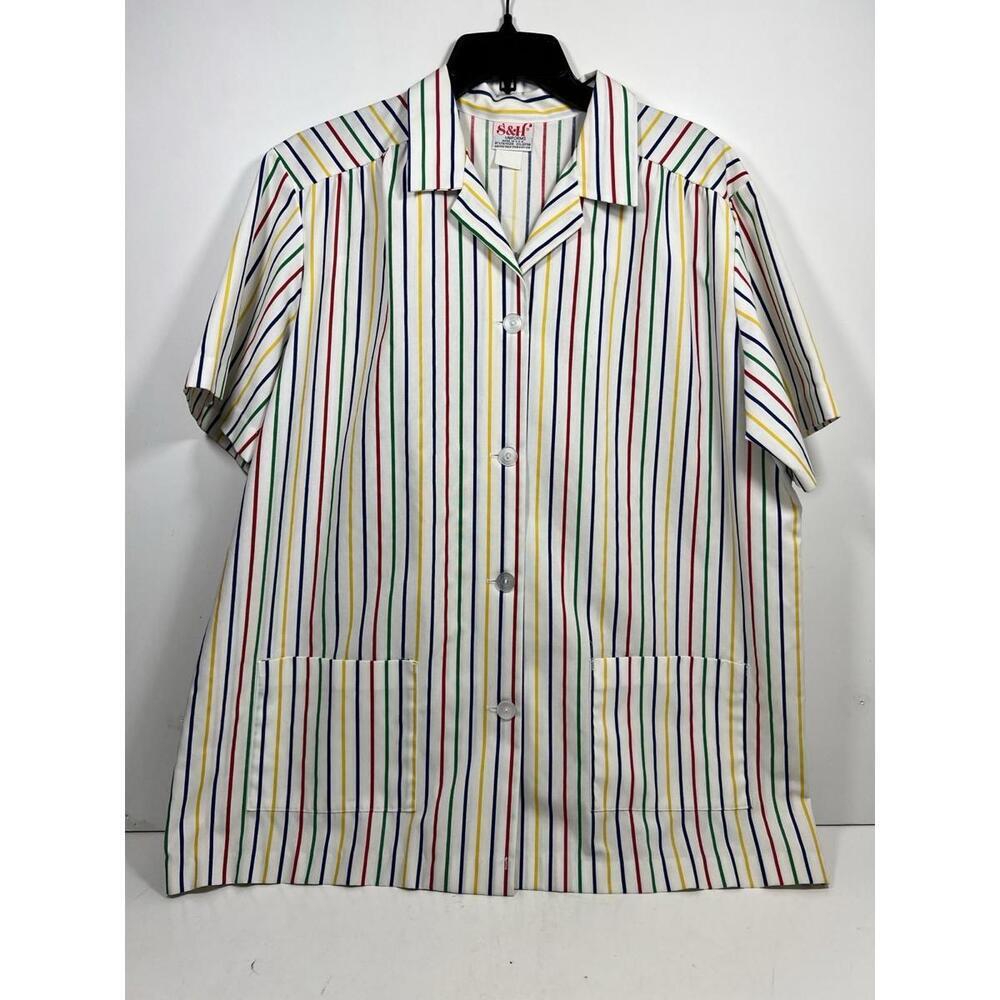 Vintage S&H Uniform Top Multi Color Stripe Button Down Sz Large Workwear 70s